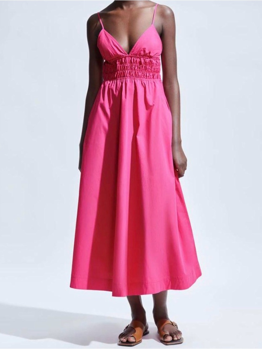 Zara Smocked Waist Midi Dress M Fuchsia Magenta 100% Cotton Spaghetti Strap